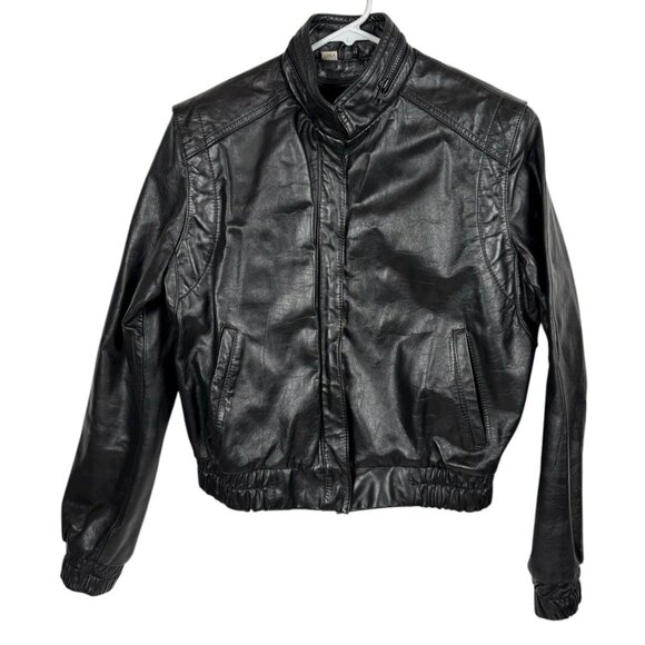 Vtg 80s Wilson Leather Jacket Womens 8 Motorcycle Cafe Black Lined Biker Retro - Picture 1 of 10